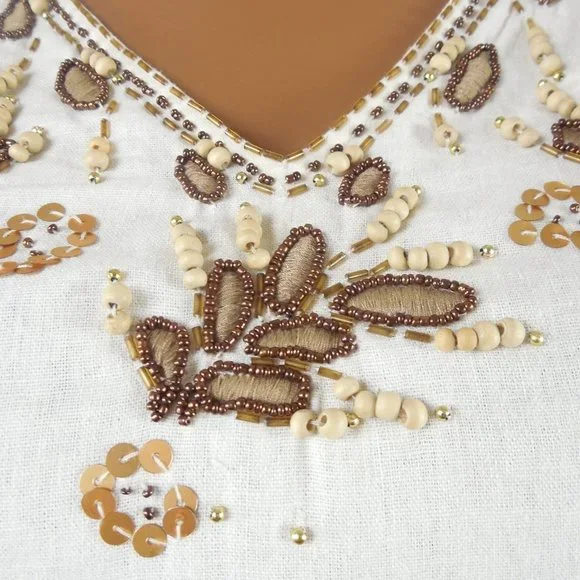 ANNE CARSON Top 2X Linen Blouse Ivory V-Neck Brown Embroidery Leaves Wood Beads - Picture 6 of 10